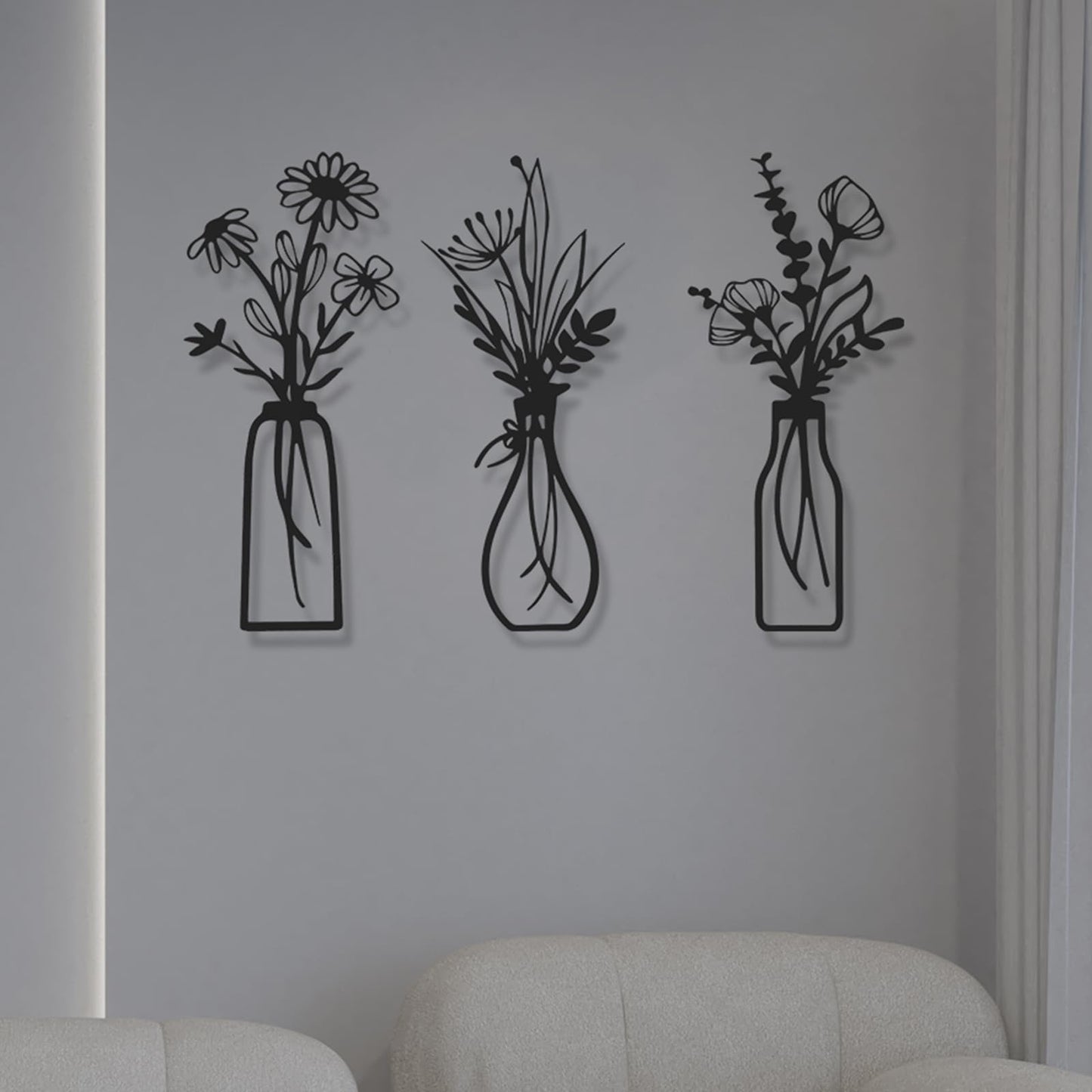 AMAATE 3Pcs Black Iron Floral Vase Wall Sculptures Minimalist Home Decor