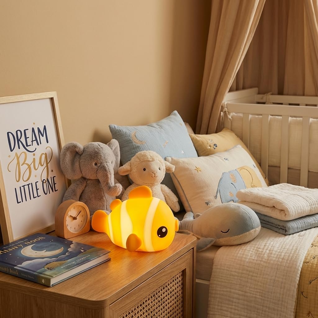 AVACOM Night Light for Kids Toddler Nursery - Cute Clownfish Squishy Silicone Baby Lamp for Bedtime Breastfeeding, Rechargeable Portable Touch Pat Nightlight with 3 Brightness & 30-Min Auto-Off Timer