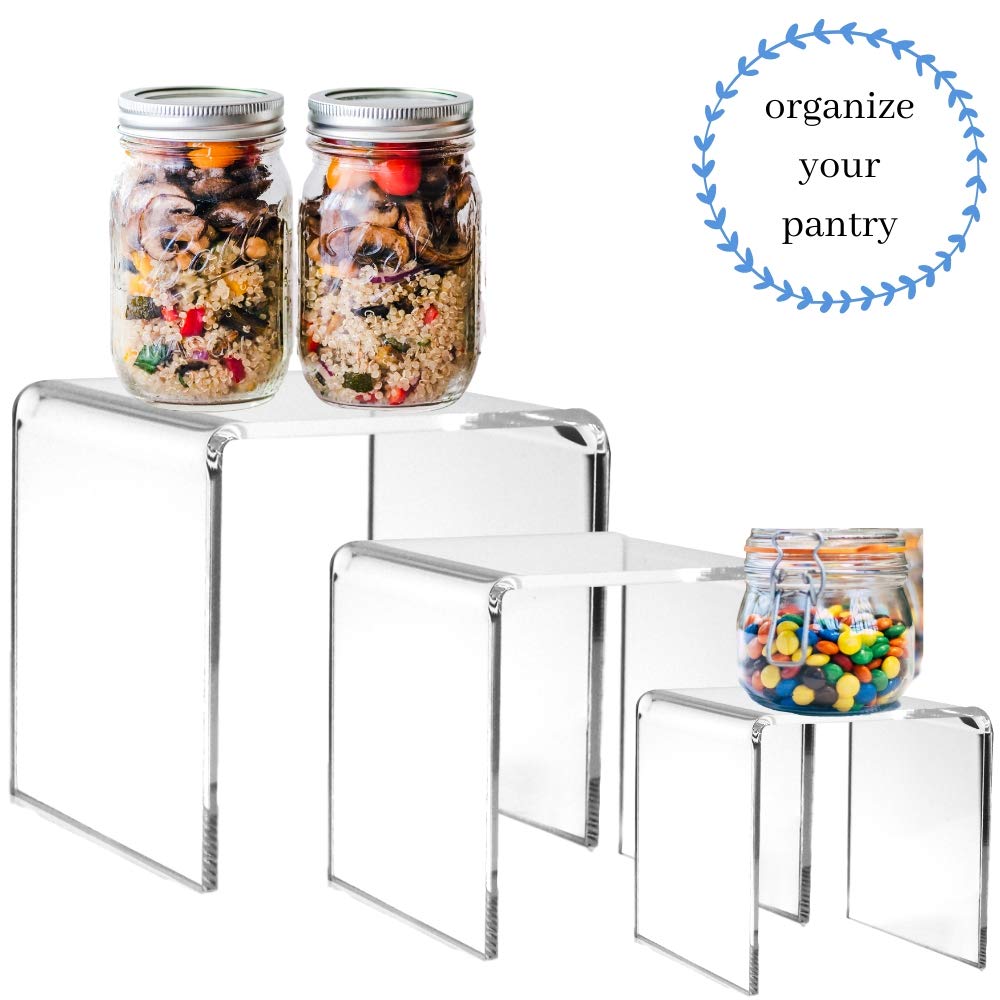 Clear Acrylic Display Risers Set of 3, Assorted 4 5 6 Inch Retail Pedestals, Transparent Tabletop Stands for Jewelry, Figurines, Crafts, Collectibles, Store Fixtures, Dessert Table and Product Displays