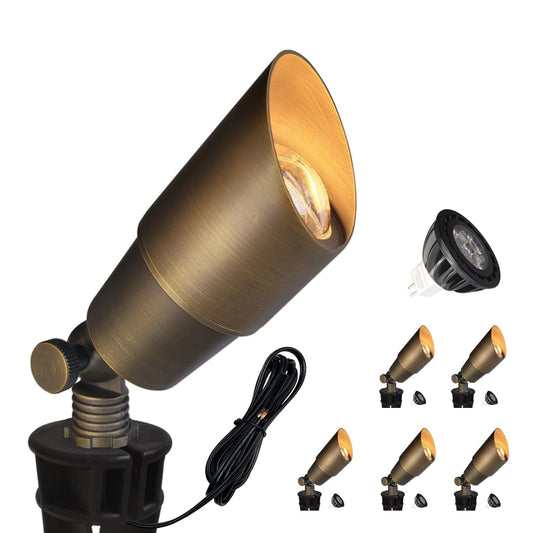COLOER Brass Landscape Spotlights, 6 Pack Spot Lights Outdoor with 5W Aluminum Housing MR16 LED Bulb 2700K 450LM, 12V AC/DC Low Voltage Outdoor Lighting for Yard, Uplight for Garden and Patio(101B)