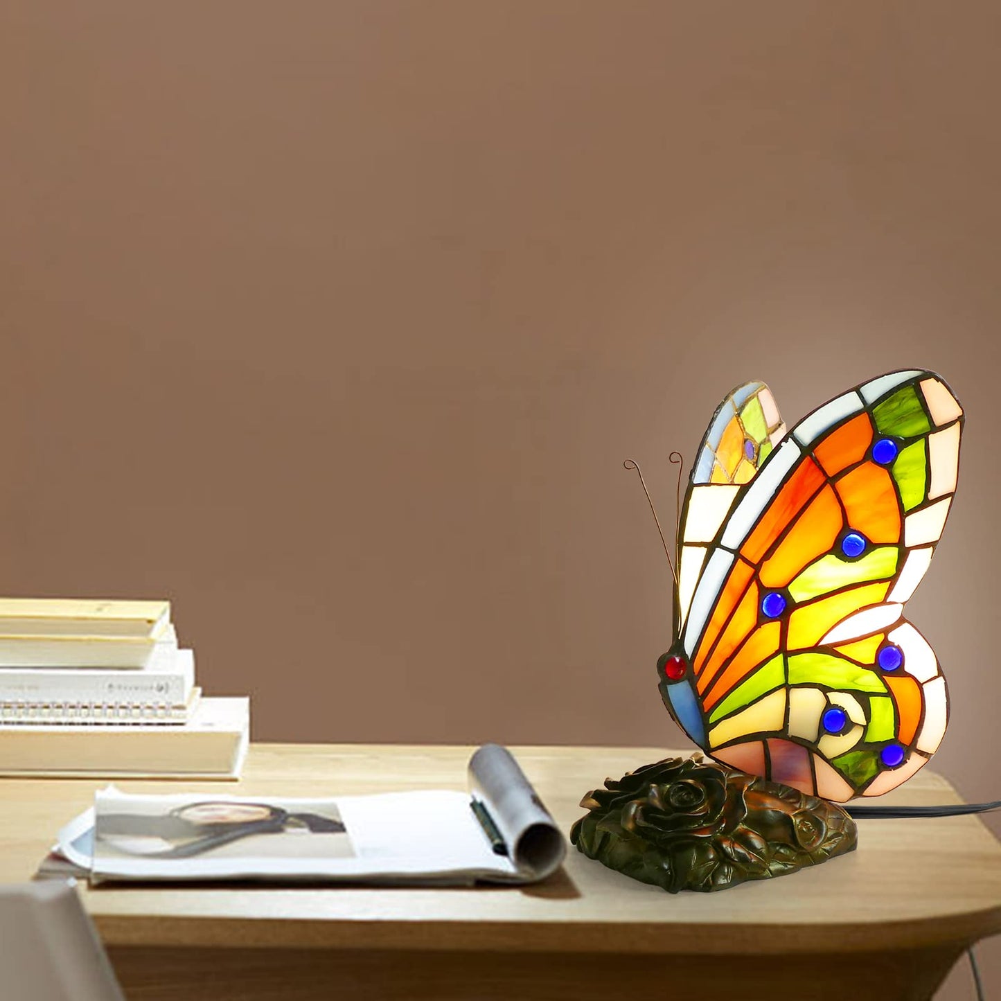 JGWSWQ Butterfly Tiffany Table Lamp, Stained Glass Vintage Night Light