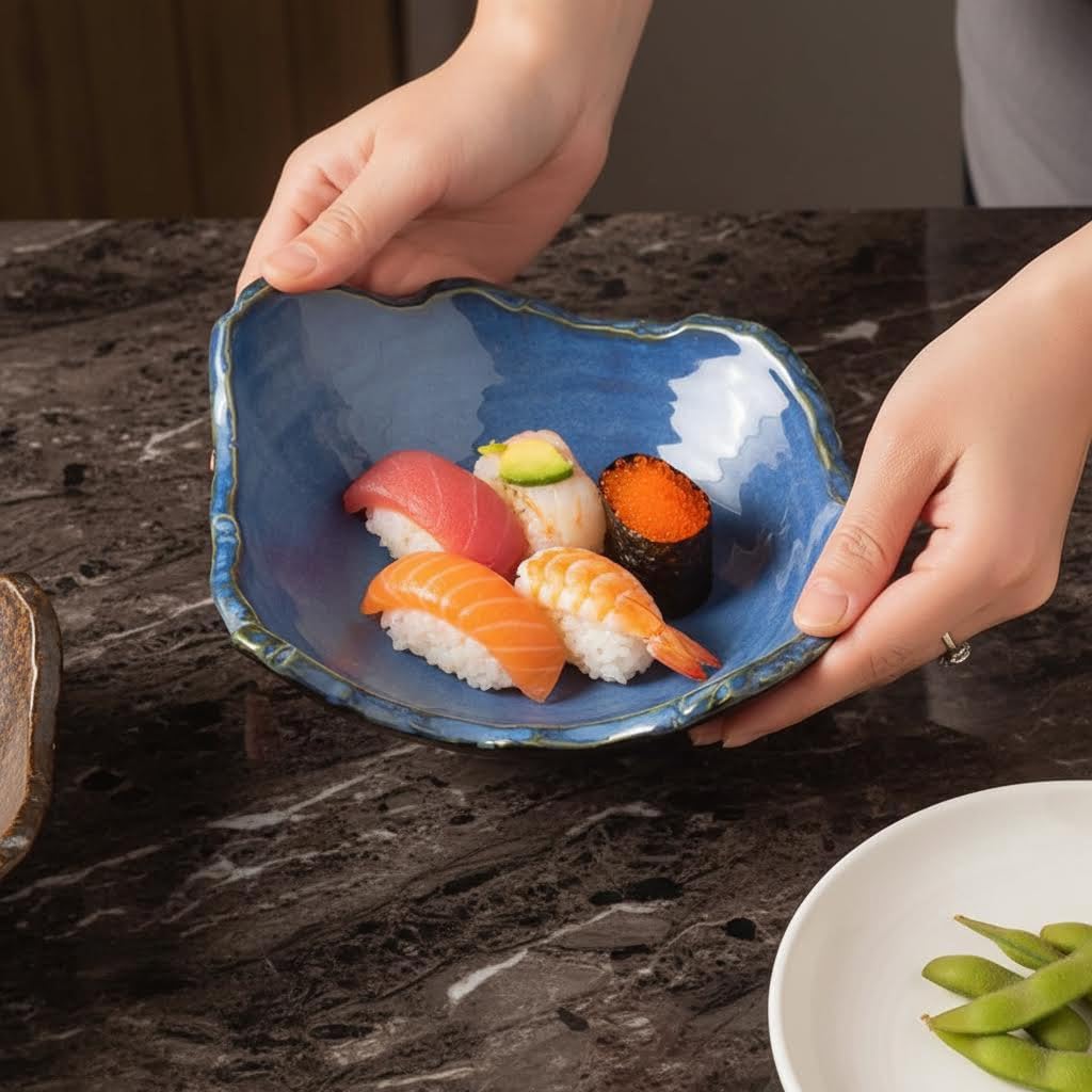 TANMESSO Small Ceramic Decorative Bowl with Irregular Rim Reactive Glaze Candy Dish Japanese Style Table Decor (Blue)