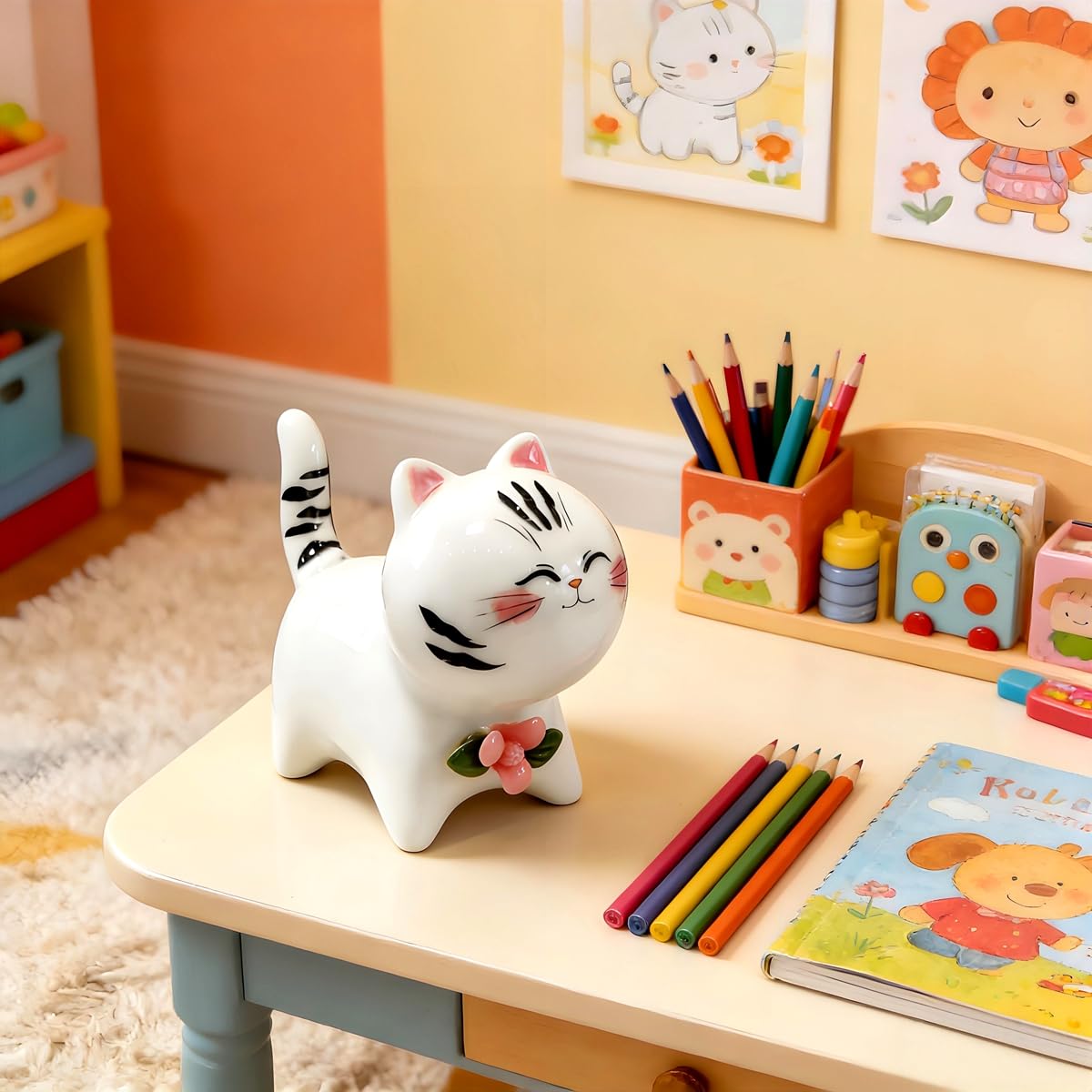 RiJinDuoJin Handmade Ceramic Cat Figurine, Cute Lucky Healing Cat Themed Decorative for Cat Lovers, Ideal for Desk, Bookshelf, Nightstand & Home Decor, for Mother’s Day, Easter, Birthday, Men & Women