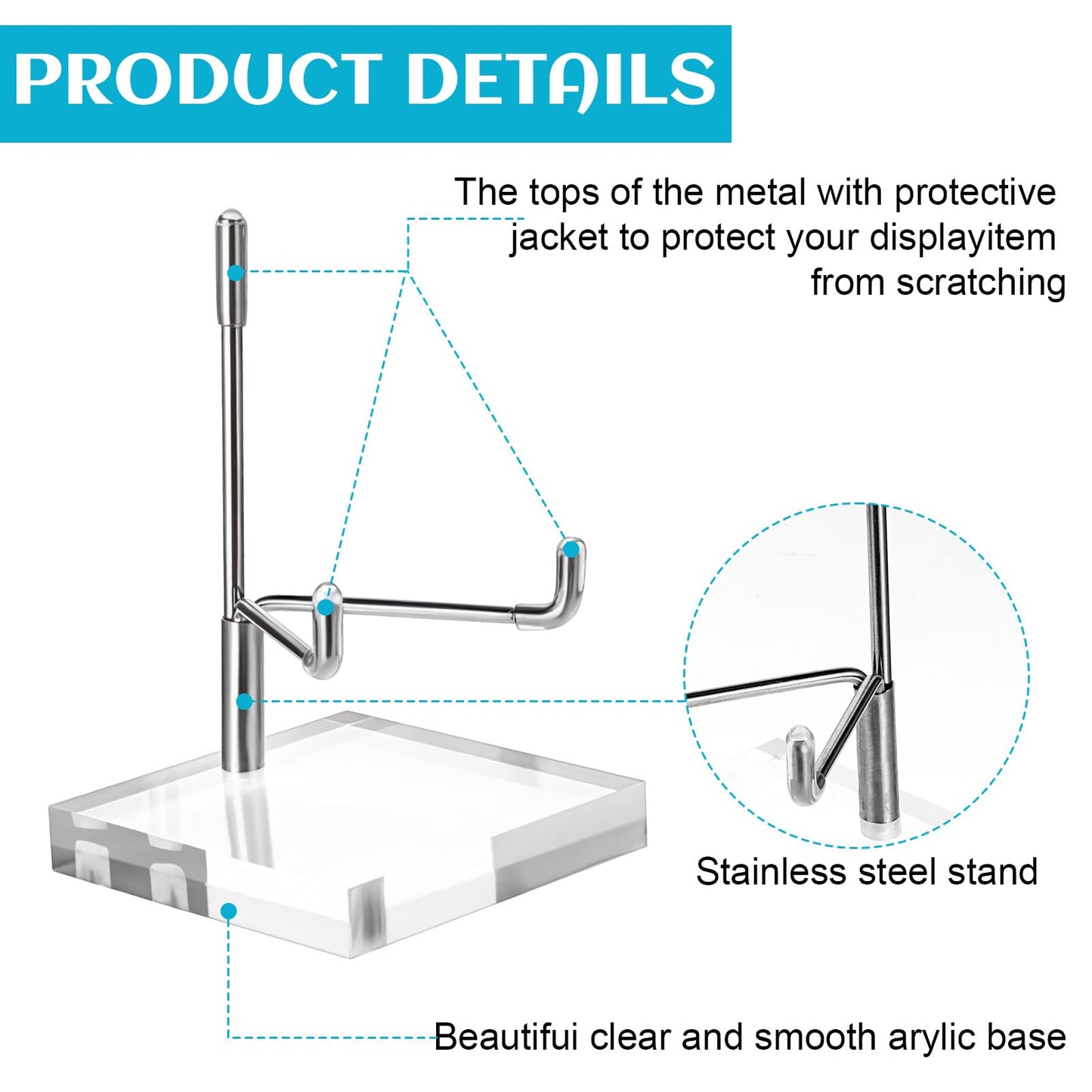 Tolare 8 Pcs Rock Display Stand with Acrylic Base, Adjustable Metal Arm Crystal Display Stand, Silver Small Holder for Gemstones, Fossils, Crystal, Minerals, Agate(2.4 X 2.4 X 4.1 Inches)