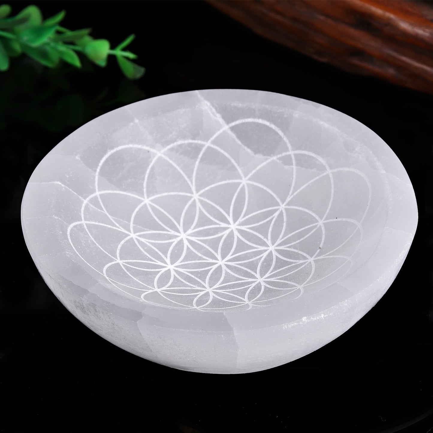 JIC Gem Etched Selenite Bowl Moroccan Selenite Crystal Stone Bowl Healing Crystals Charging Plate Round Engraved Crystal Matrix 3.5-4 inch