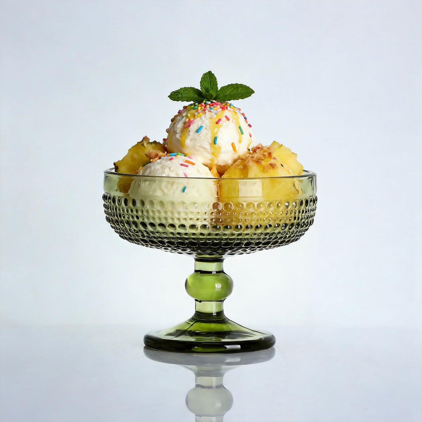 WAIT FLY Vintage Embossed Beads Glass Dessert Bowl Footed Trifle Bowl Ice Cream Bowl Serving Bowl for Fruit, Salad, Candy, Cocktail, Coffee, Trifle-Green-1 PCS