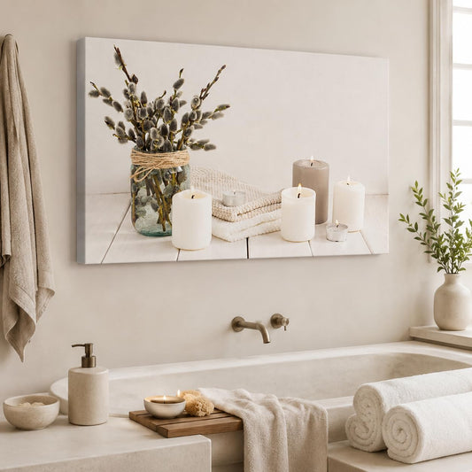 Zen Wall Art Decor - Modern Bathroom & Relaxing Canvas Wall Art for Spa, Home & Office - White Candle & Plant Art Prints - 12x18 Inches