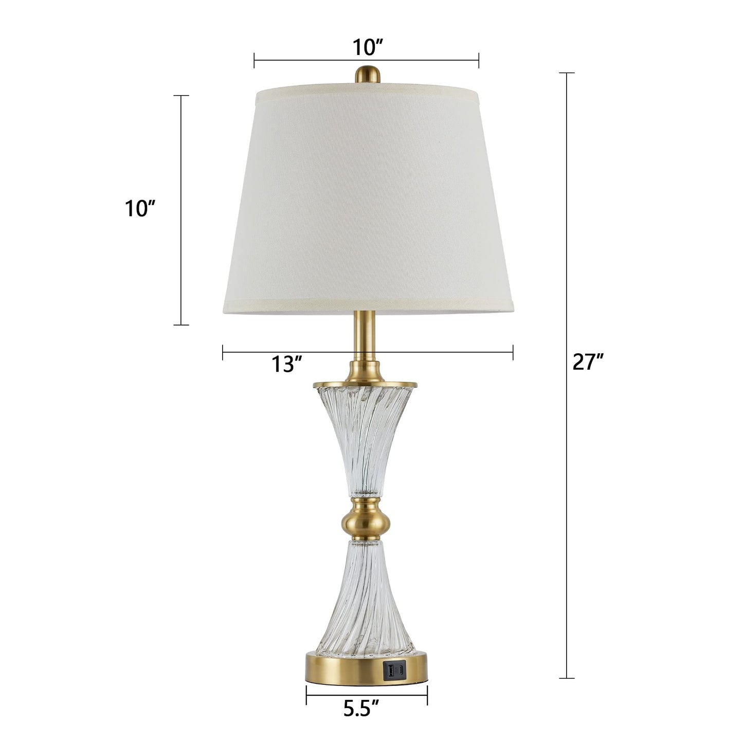 BZZMMB 27" Bedroom Lamps Set of 2, Gold Glass Touch Lamps with USB C+A Ports, 3-Way Dimmable Light Fixture for Nightstand, Modern Table Side Lighting for Living Room, 2 Bulbs Included