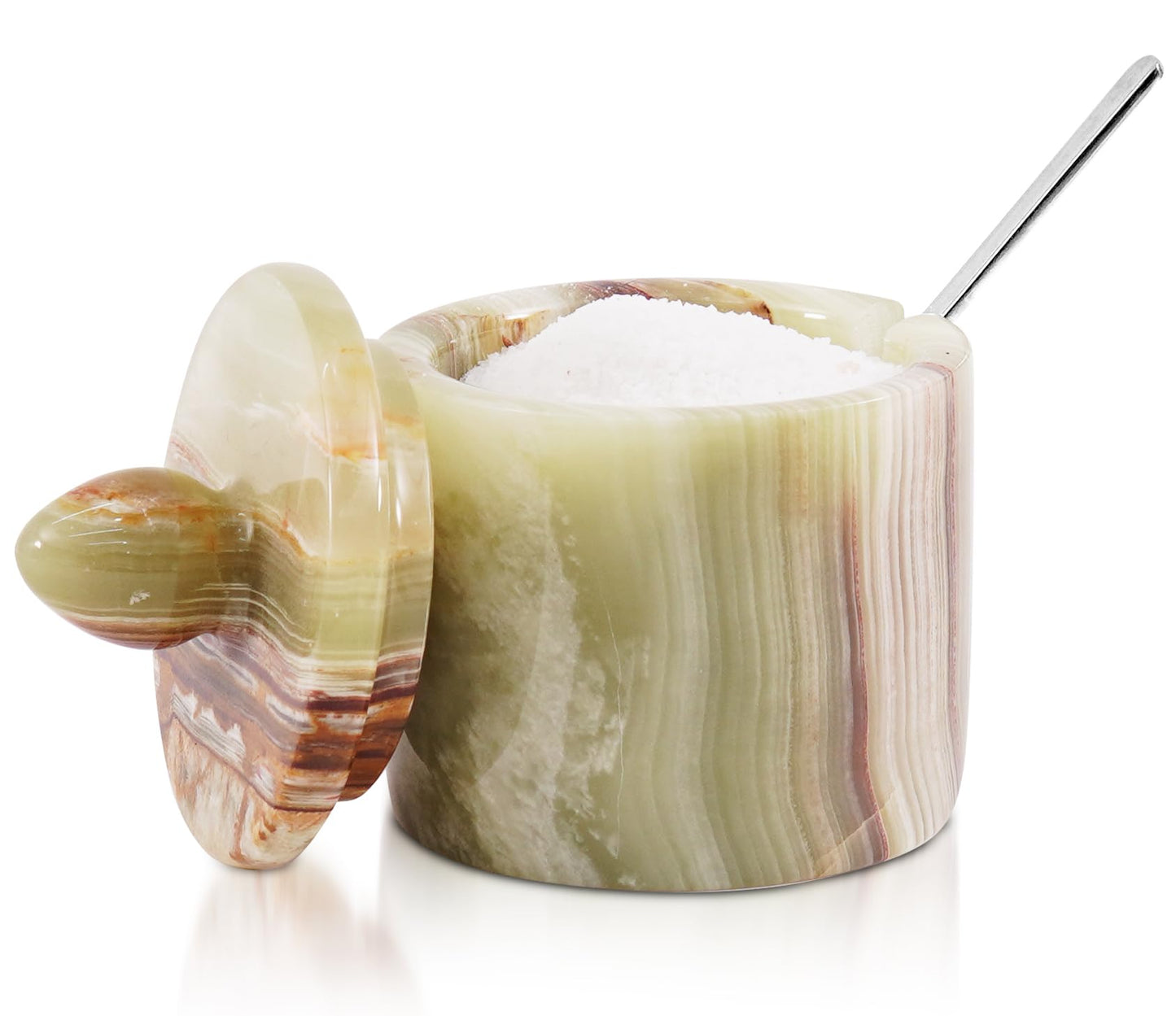 Green Onyx Salt Cellar with Lid 4 Inch – Handmade Natural Marble Salt Cellar, Kitchen Salt Container for Countertop, Refillable Salt Box for Cooking, Seasoning & Dining