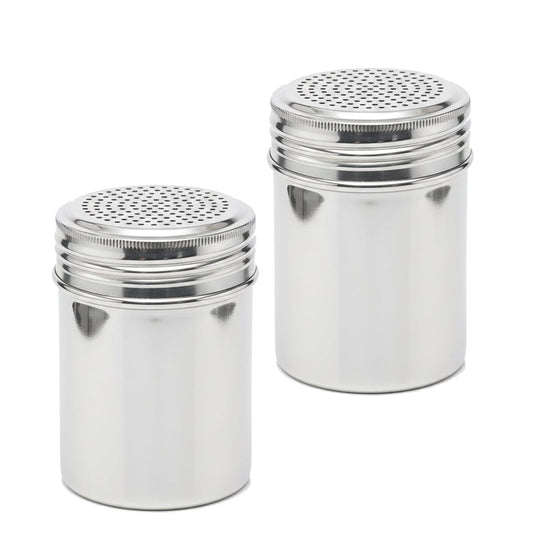 Notana 10 Ounce Stainless Steel Dredge Shaker (2 Pack) for Powder Sugar, Flour Duster for Baking, Seasoning Shaker with Lid, Metal Salt and Pepper Shakers, Cinnamon Sugar Shaker Dispenser for Kitchen