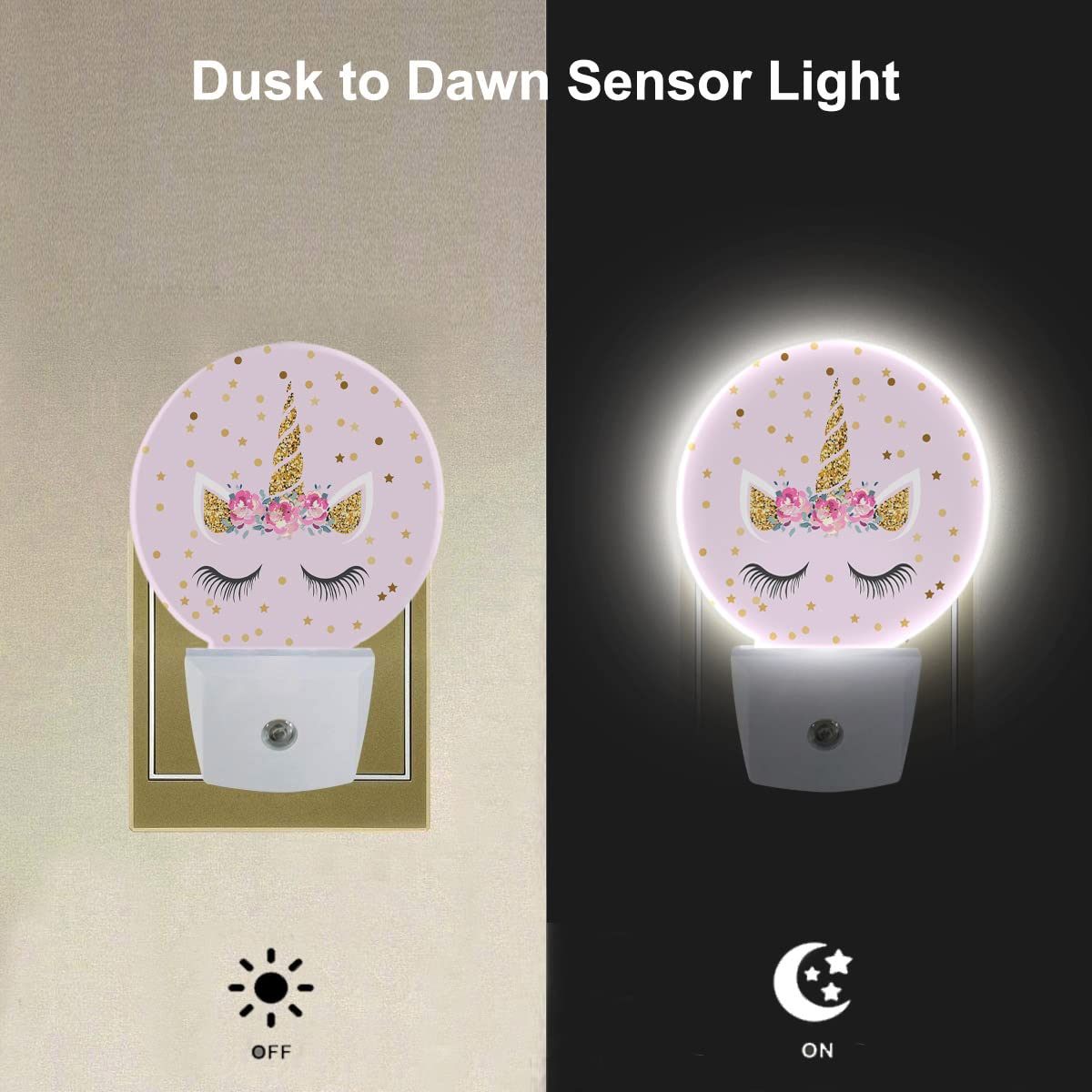 EKOBLA Unicorn Night Light, Pink and Gold Polka Dot Night Lights Plug Into Wall with Dusk to Dawn Sensor for Teen Girls Gift