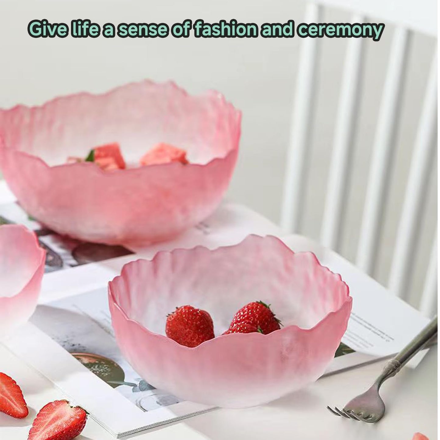SYXLTSH Glass Salad Bowl Irregular Lotus Flower Shape Serving Bowls, Mixing Nut Bowls for Kitchen Fruist, Snack, Dessert, and Ice Cream Candy Dishes (Crystal Gradient Pink, 6.5")