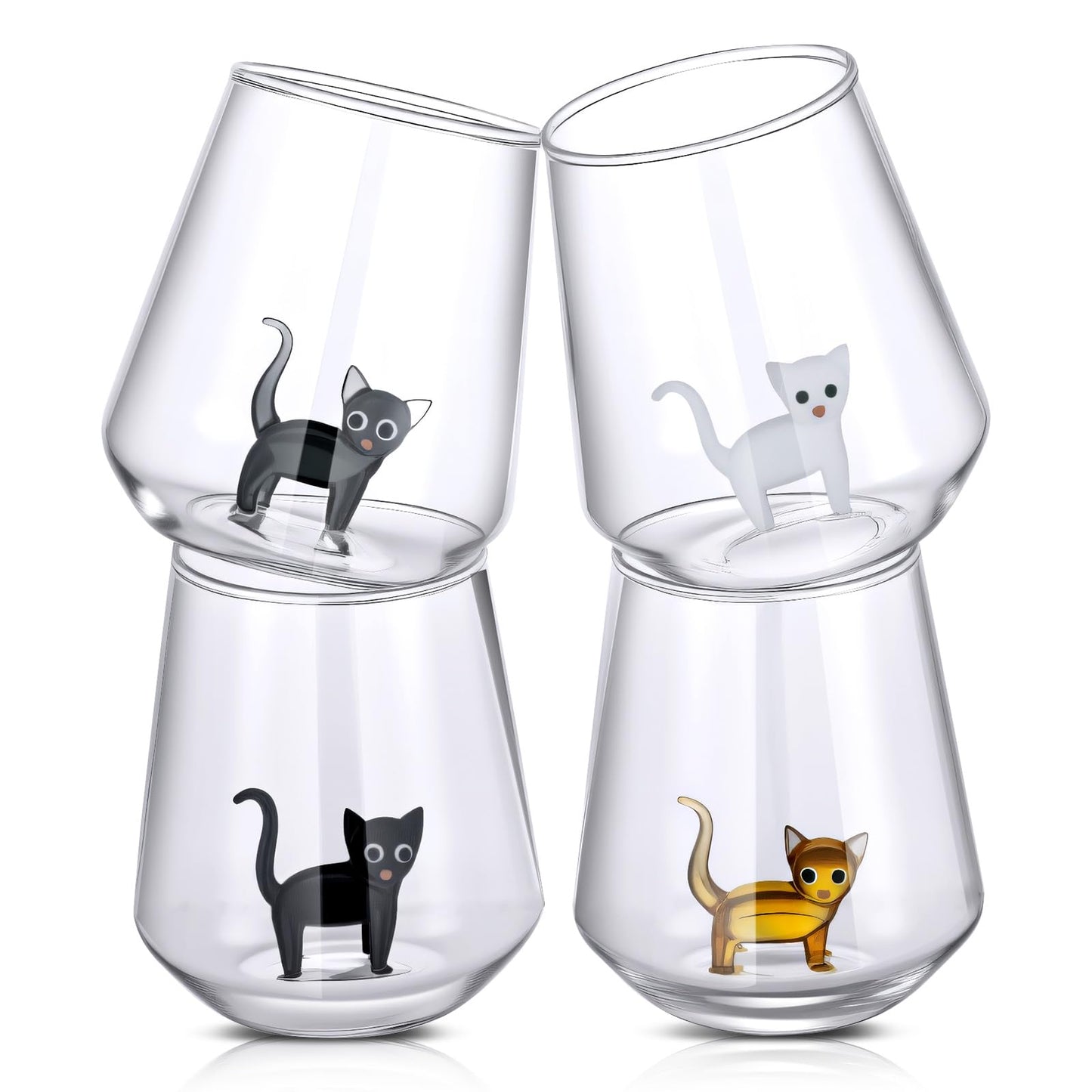 Yiyiring 4 Pcs Cat Figurine Glass Cup 3D Animal Cup Handmade Glassware for Unique Gift for Cat Lovers Gift Holiday Gifts Birthday Present Women Mum Her Wife or Boy Men