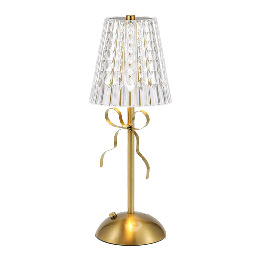 Cordless Table Lamp Rechargeable, Vintage Gold Crystal Lamp, LED Touch Lamps with 3 Color Dimmable & Acrylic Shade, Bow Decor Desk Lamps for Bedroom Bar Restaurant Decor Ambient Lighting (Diamond)