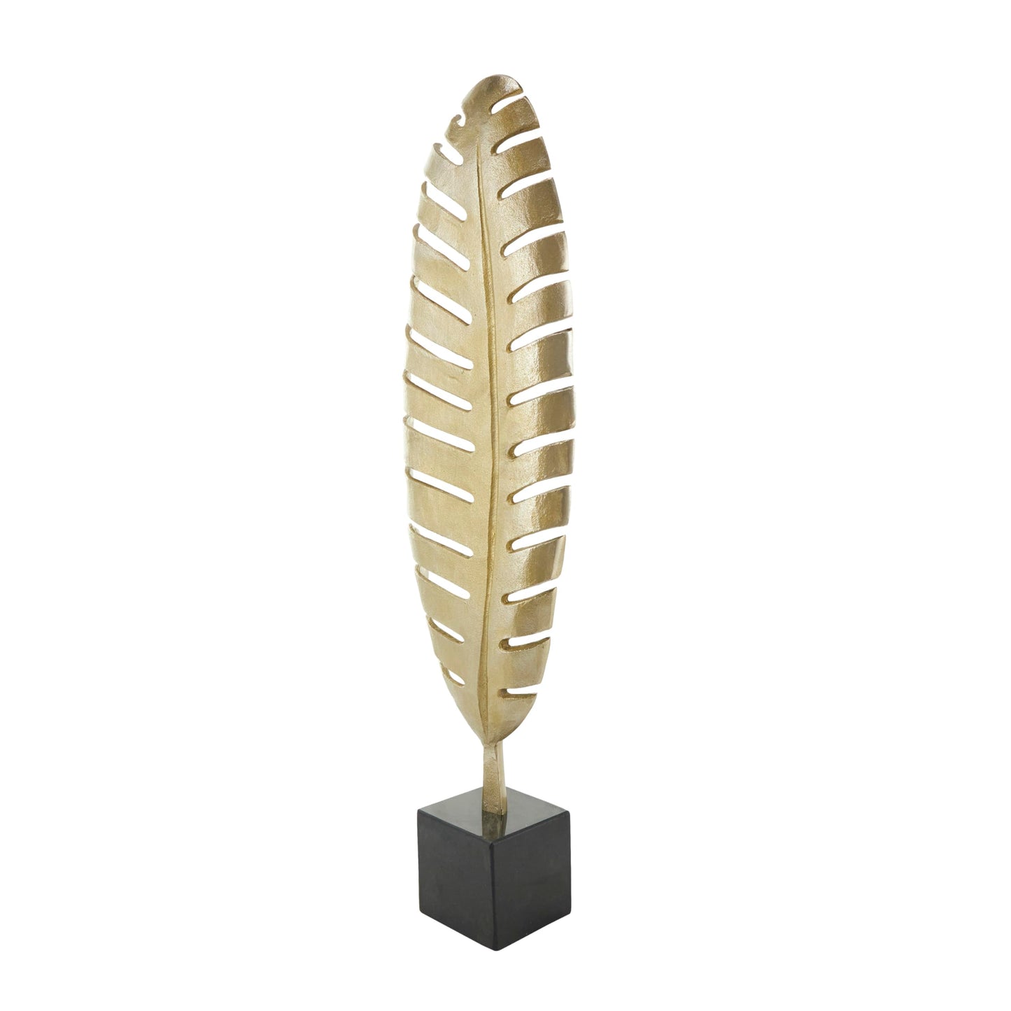 CosmoLiving by Cosmopolitan Aluminum Metal Leaf Decorative Sculpture Standing Single Home Decor Statue with Black Marble Base, Accent Figurine 9" x 4" x 30", Gold