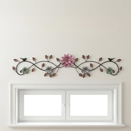 Birminwind Metal Flower Wall Art above Door: 3D Floral Wall Décor above Window with Bird Leaves - 32.28" French Country Decoration above Bed Couch Tv (Colorful)