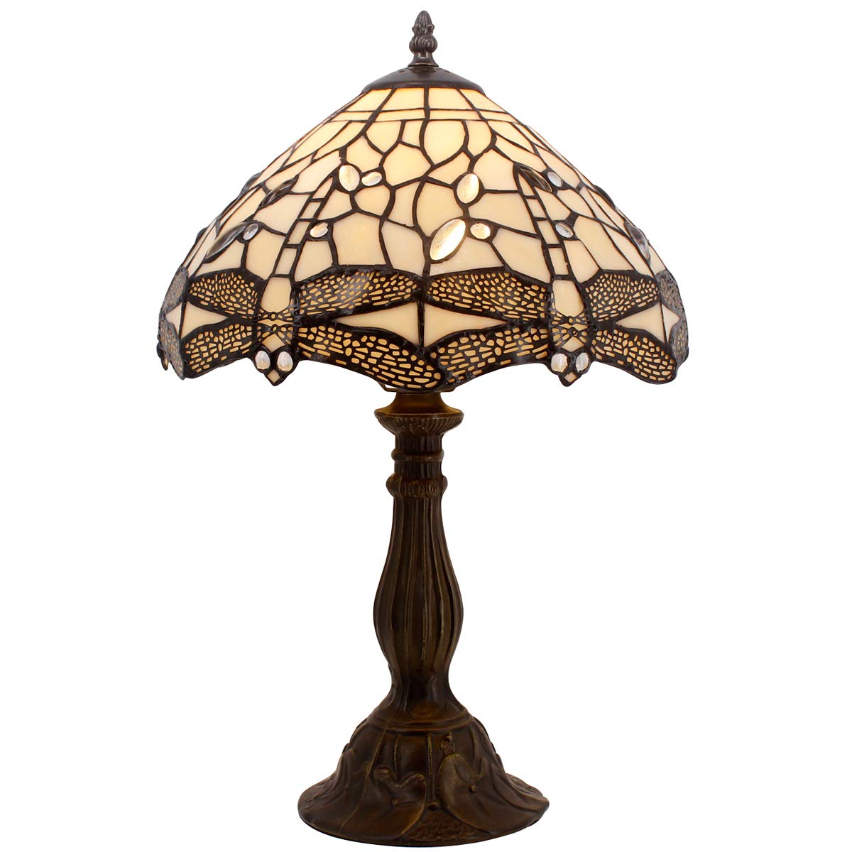WERFACTORY Tiffany Lamp Cream Stained Glass Dragonfly Bedside Table Lamp