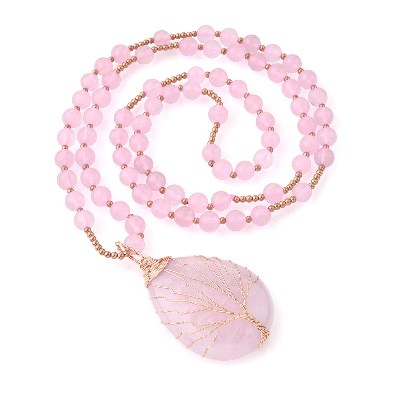 Top Plaza Natural Stone Beads Healing Crystal Rose Quartz Necklace Life Tree Wire Wrapped Teardrop Gemstone Pendant Jewelry for Womens Mother