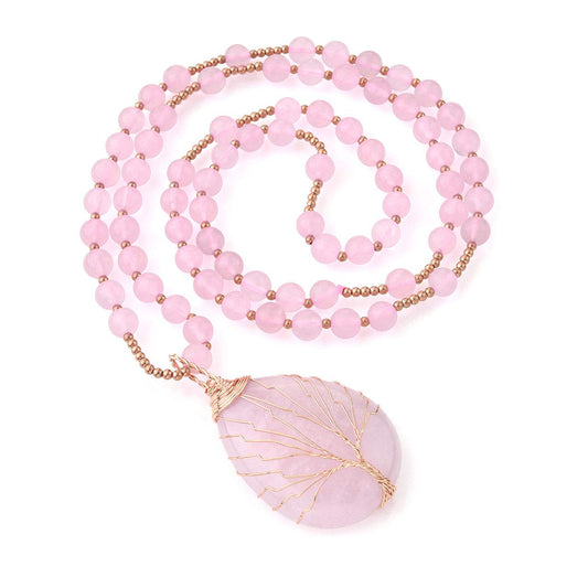 Top Plaza Natural Stone Beads Healing Crystal Rose Quartz Necklace Life Tree Wire Wrapped Teardrop Gemstone Pendant Jewelry for Womens Mother