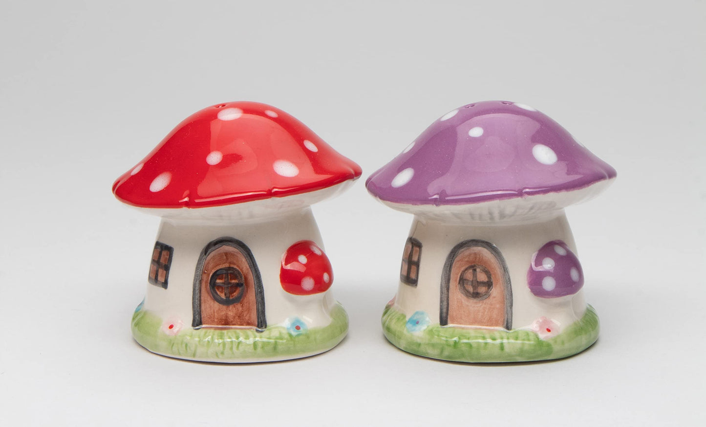 Fine Ceramic Fairy Mushroom House Salt & Pepper Shakers Set, 2-5/8"