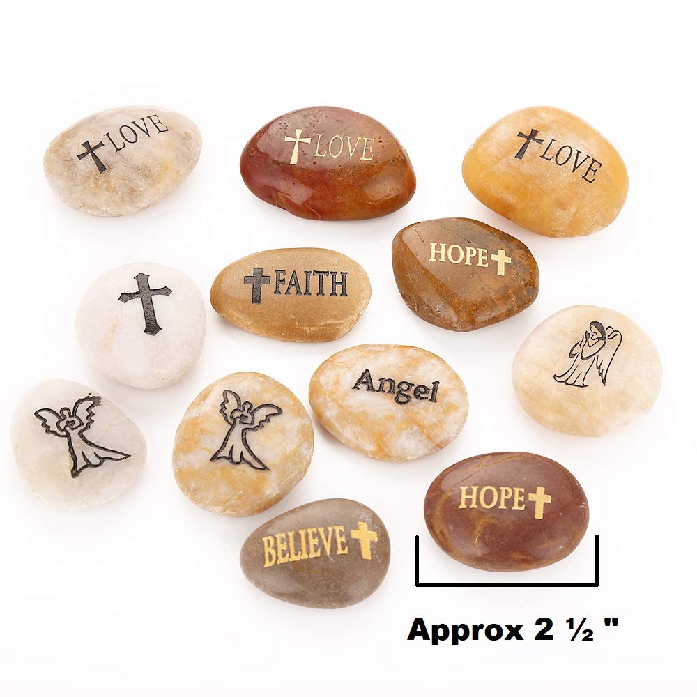 12PCS RockIpact Engraved Guardian Angel Stones Hope Love Faith Believe Inspiration Worry Healing Stones Novelty Serenity Prayer Rock, Pocket Sized Shiny Pebbles (Set of 12, Bulk Lot)