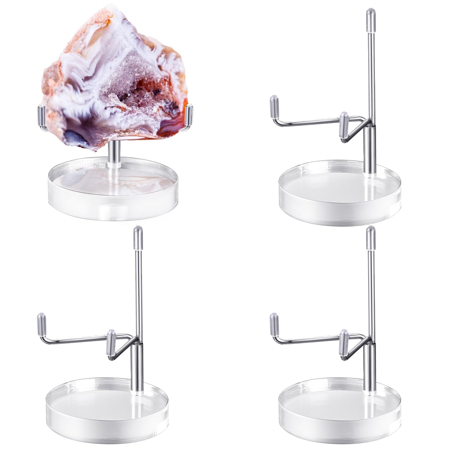 Suzile 4 Pcs Adjustable Metal Arm Display Stand Easel with Acrylic Base Rock Display Easel Holder Acrylic Crystal Clear Plate Stand for Geodes Mineral Agate(Silver,2.8 x 2.8 x 4.1 Inch)