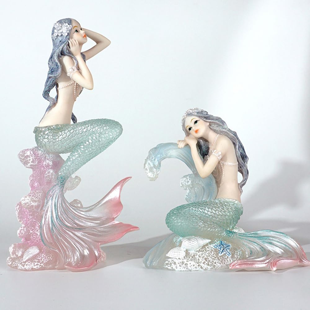 Rayberro Crystal Mermaid Figurines 7.28" Clear Resin Mermaid Sculpture Mediterranean Princess Ornaments Home Office Desktop Bookshelf Mermaid Collectible Figurines Crafts Fish Tank Aquarium Decoration