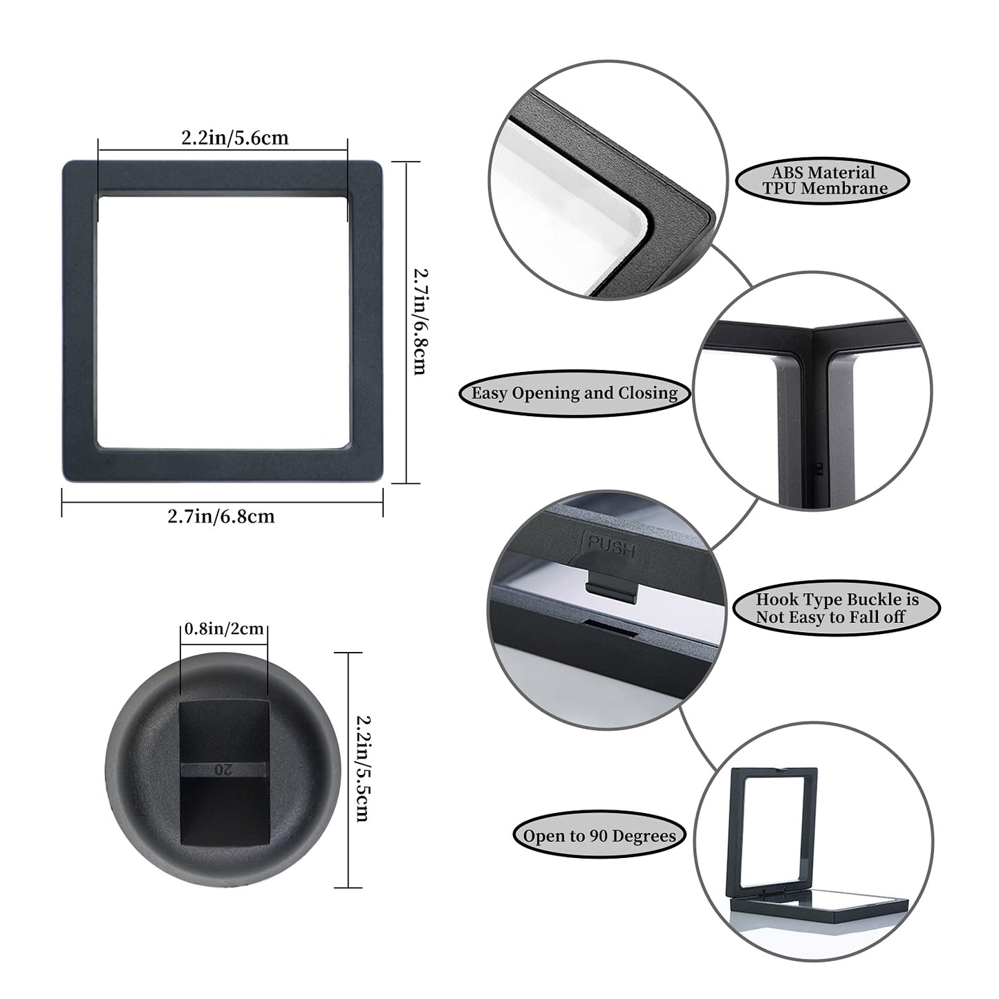 KMOTASUO 3D Floating Display Case, Transparent Film 3D Floating Coin Display Frame Holder Stands for Challenge Coin AA Medallions Jewerly Fossils Rocks, 2.75 x 2.75 x 0.75 Inches (Black-12Pcs)