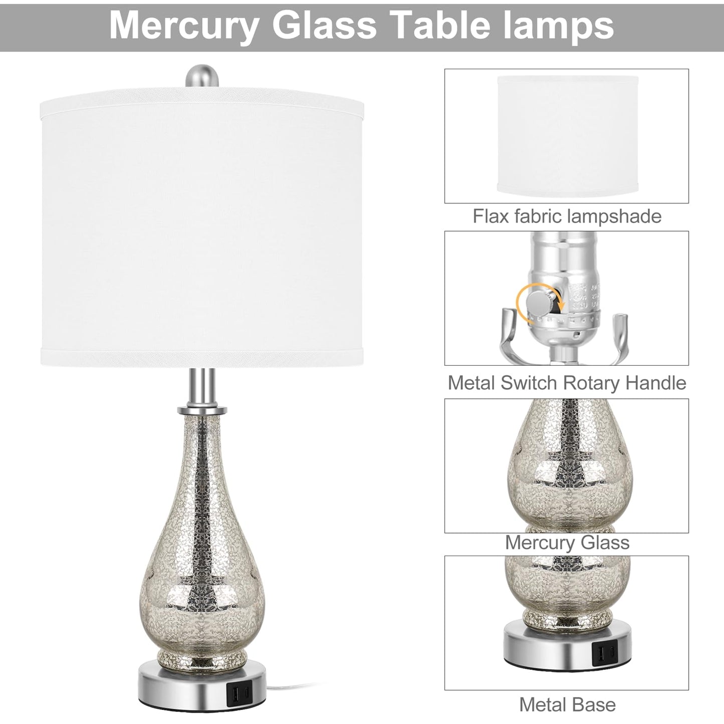 TPAMSWO Glass Table Lamps Set of 2, Modern 23.5” High Hand-Applied Silver Mercury Glass Bedside Lamps, for Bedroom Living Room Home Nightstand Table Lamp(with USB C+A 5V 2.1A Charging Ports)