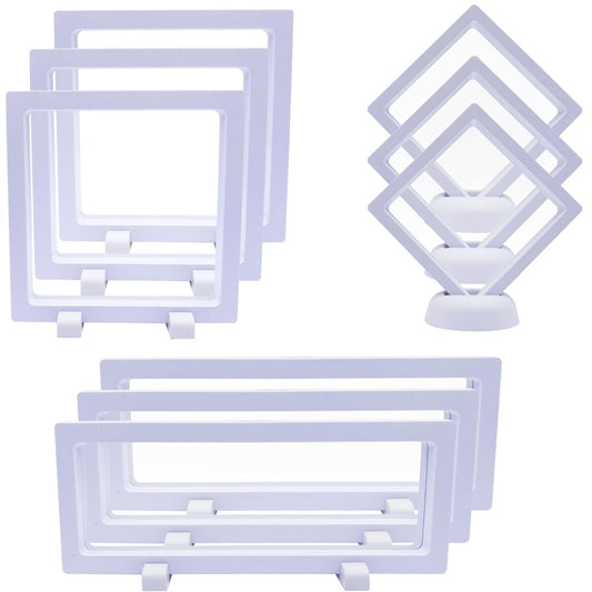 9PCS 3D Floating Display Case, Challenge Coin Display Stand Holder Frames Transparent PE Jewelry Storage Box Large Suspension Frames for Medal, Medallion, Stamps (White)