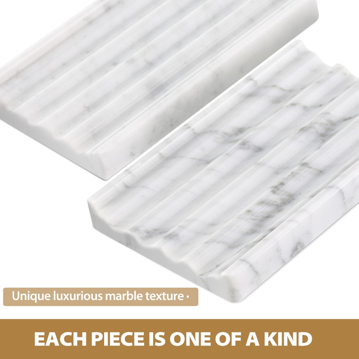 2PCS Koville Italian Natural Marble Soap Dish for Shower, Stone Soap Tray for Bathroom, Bar Soap Holder for Sink, Stripe Grooves Saver Keep Bars Dry Easy Clean (Bianco Carrara)