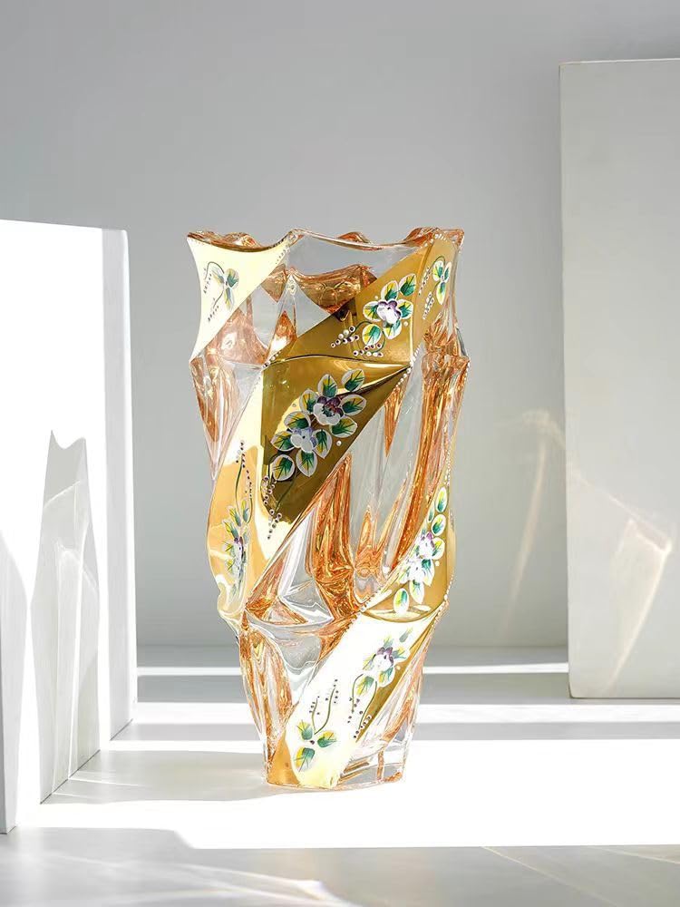 Deegufa Gold Glass Flower Vase Hand Painted Golden Enamel Vases 9.1 in, Premium Bohemia Crystal Vase for Home Decor