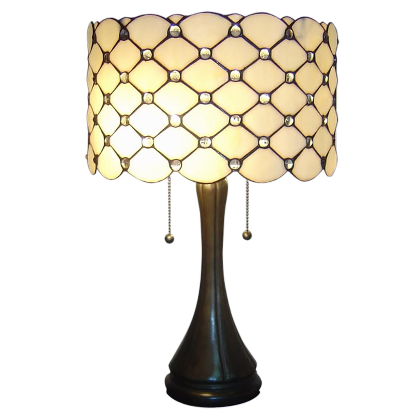 Serena D'italia Tiffany Style Table Lamp Contemporary, Diamond Pattern Stained Glass Lamp with Jewels, Standing Lamp with Double Pull Chain (White)