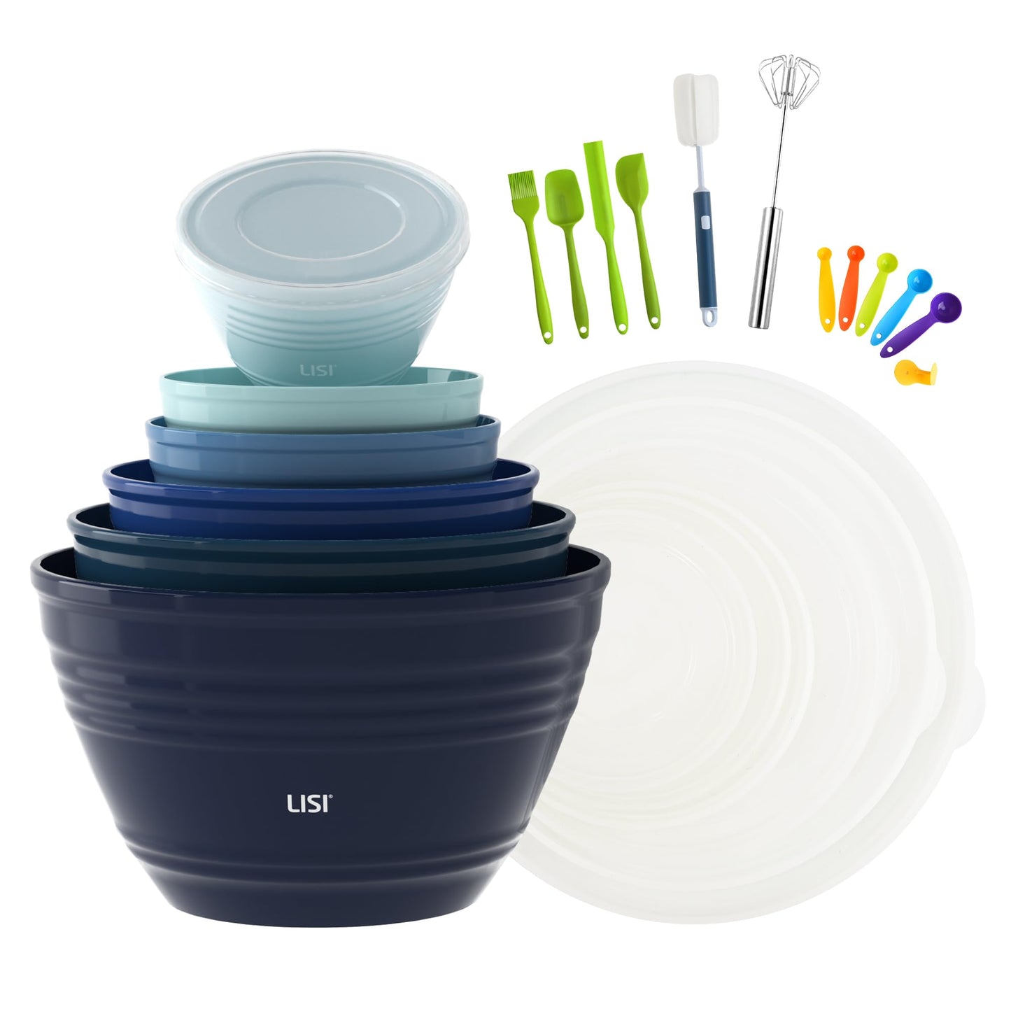 LISI 6 Pack Mixing Bowls Set with Lids, Airtight BPA-Free Nesting Bowls for Mixing, Baking, Cooking & Storage, Dishwasher Safe Serving Bowl, Includes Spatula, Spoons, Brush & Whisk