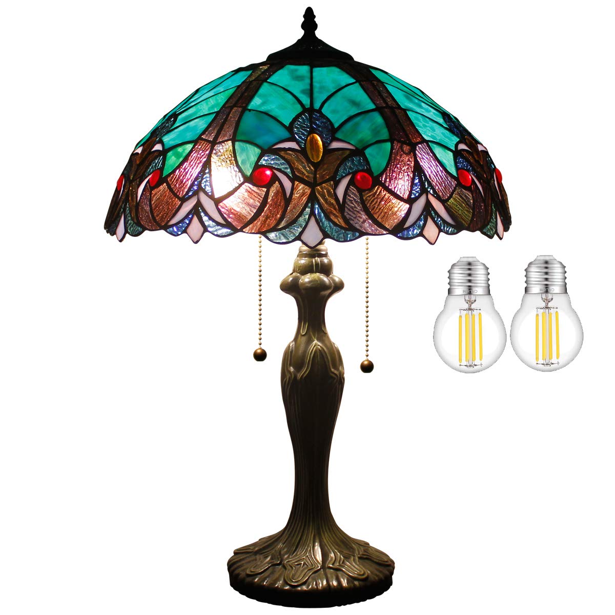 WERFACTORY Tiffany Style Lamp Green Stained Glass Bedside Table Lamp 24"