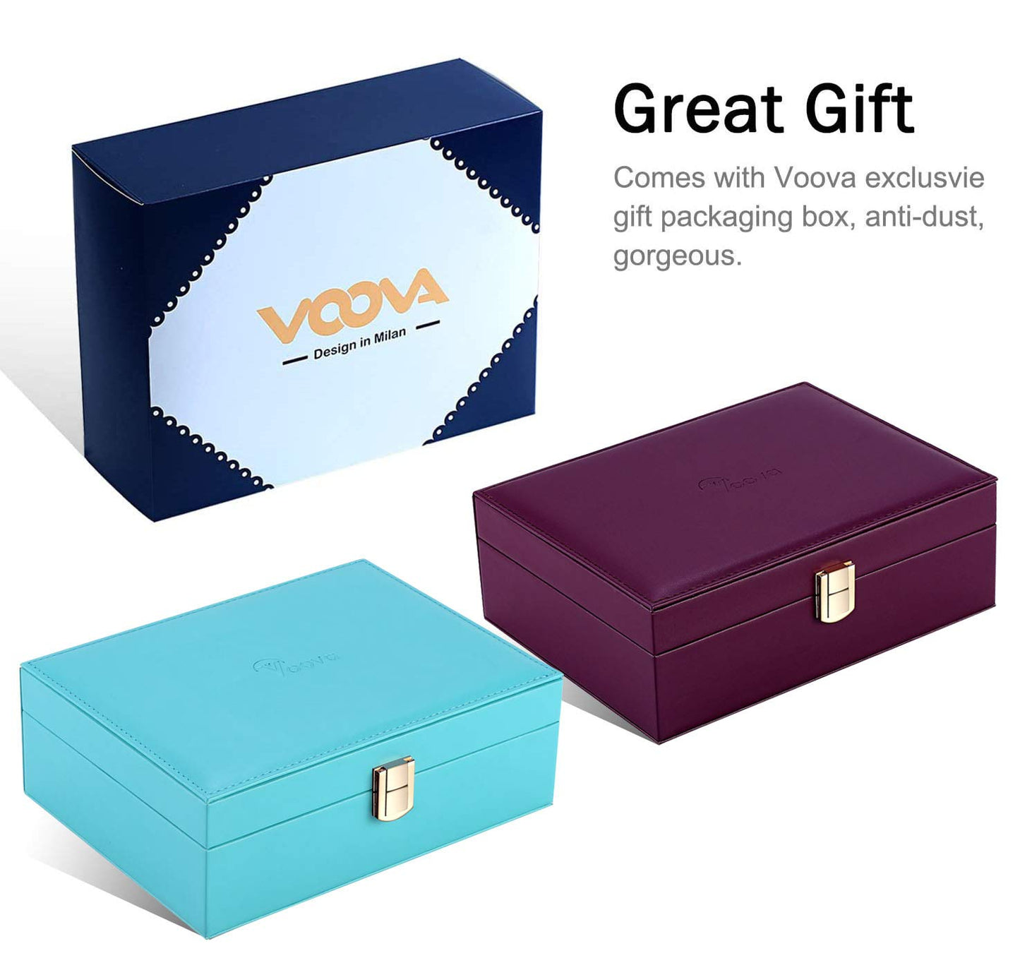Voova Jewelry Box Organizer for Women Girls, 2 Layer Large Men Jewelry Storage Case, PU Leather Display Jewellery Holder with Removable Tray for Necklace Earrings Rings Bracelets, Gift, Teal/Lake Blue