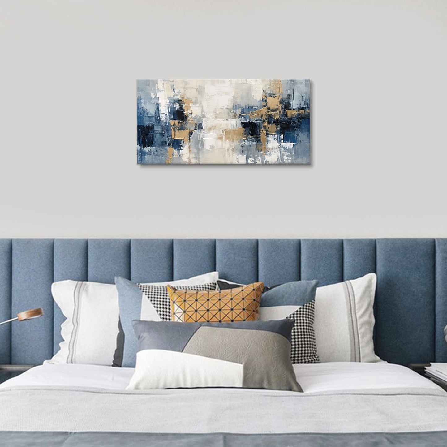 Blue and Gold Abstract Canvas Print Painting Indigo Modern Wall Art for Living Room Bedroom Home Office Decor