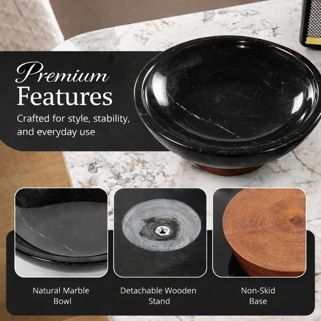 Decorative Marble Bowl Black - Handcrafted Natural Stone on Acacia Wood Pedestal - Versatile 10" Catch‑All Centrepiece for Home Decor - Entryway, Dining Table, Kitchen Fruit Bowl, Key Holder (Black)