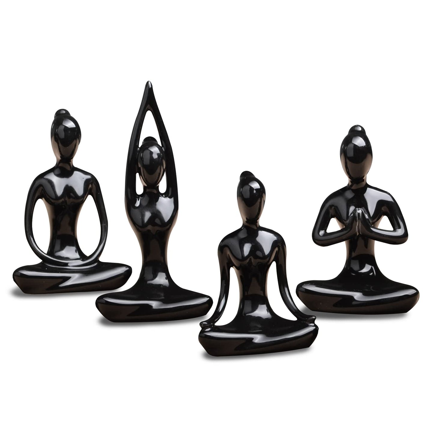OwMell Lot of 4 Meditation Yoga Pose Statue Figurine Ceramic Yoga Figure Set Decor - Black