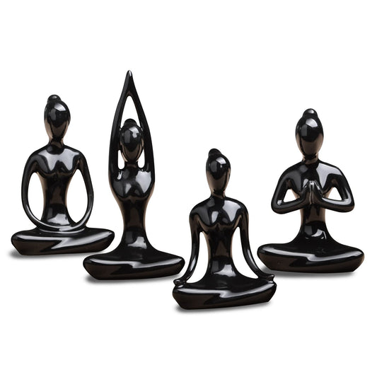 OwMell Lot of 4 Meditation Yoga Pose Statue Figurine Ceramic Yoga Figure Set Decor - Black