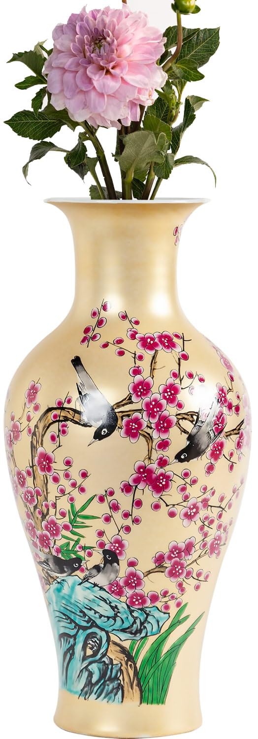Houlu 14-inch Golden Ceramic Flower Vase for Centerpieces, Decorative Vase for Flowers