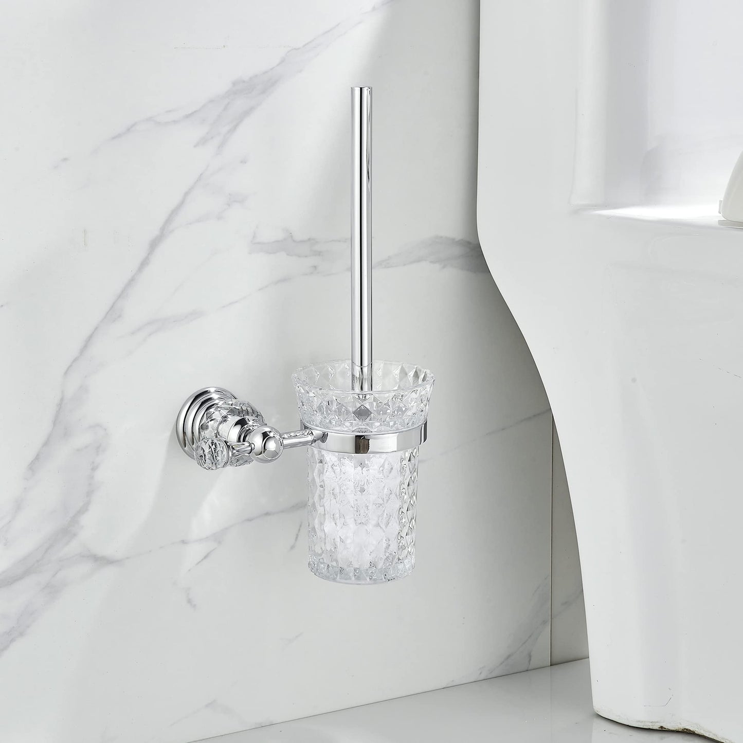 WOLIBEER Crystal Toilet Brush Holder, Chrome Toilet Cup Set with Polished Silver Brush Handle Wall Mounted for Bathroom - Decorative Design,Space Saving.