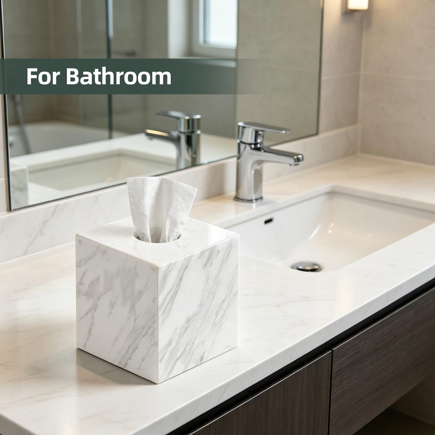 Mylvrek Natural Marble Tissue Box Cover, Square Cube Facial Marble Napkin Holder with Open Bottom, Decorative Marble Tissue Dispenser for Bathroom Countertop, Office Desk, Dining Table (White)