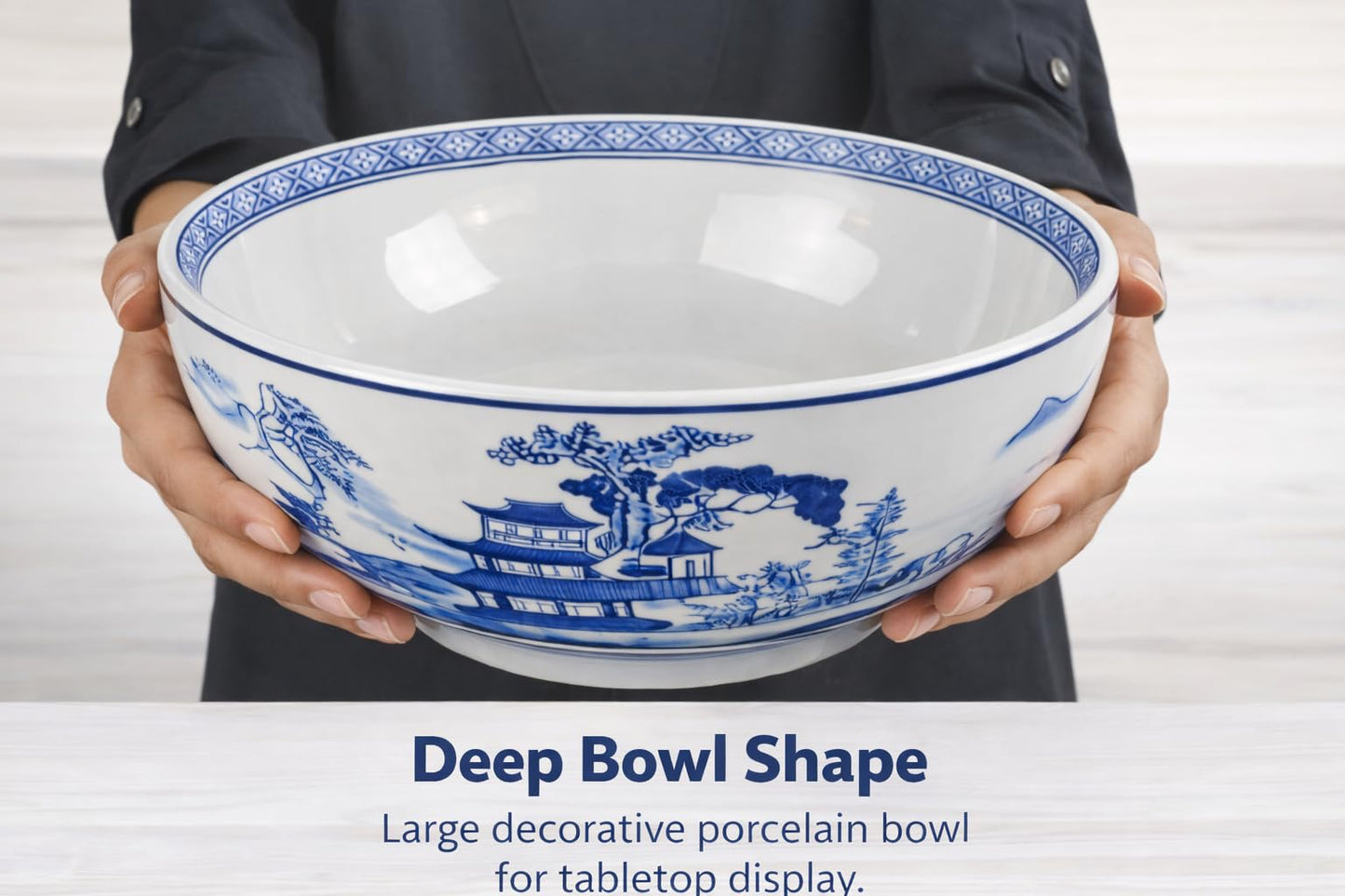 Festcool 12 Inch Blue and White Porcelain Bowl, Large Chinese Decorative Centerpiece Bowl, Oriental Landscape Ceramic Bowl for Tabletop, Fruit Display, Kitchen Counter and Home Décor