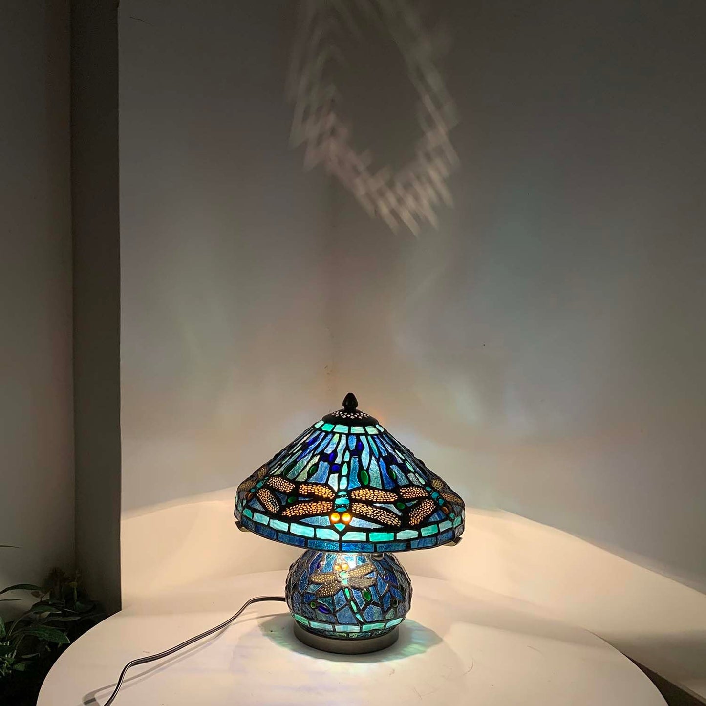 Bieye L10906 Tiffany Style Stained Glass Mushroom-Shaped Double Lit Table Lamp for Home Decor (10-inch, Blue Dragonfly)