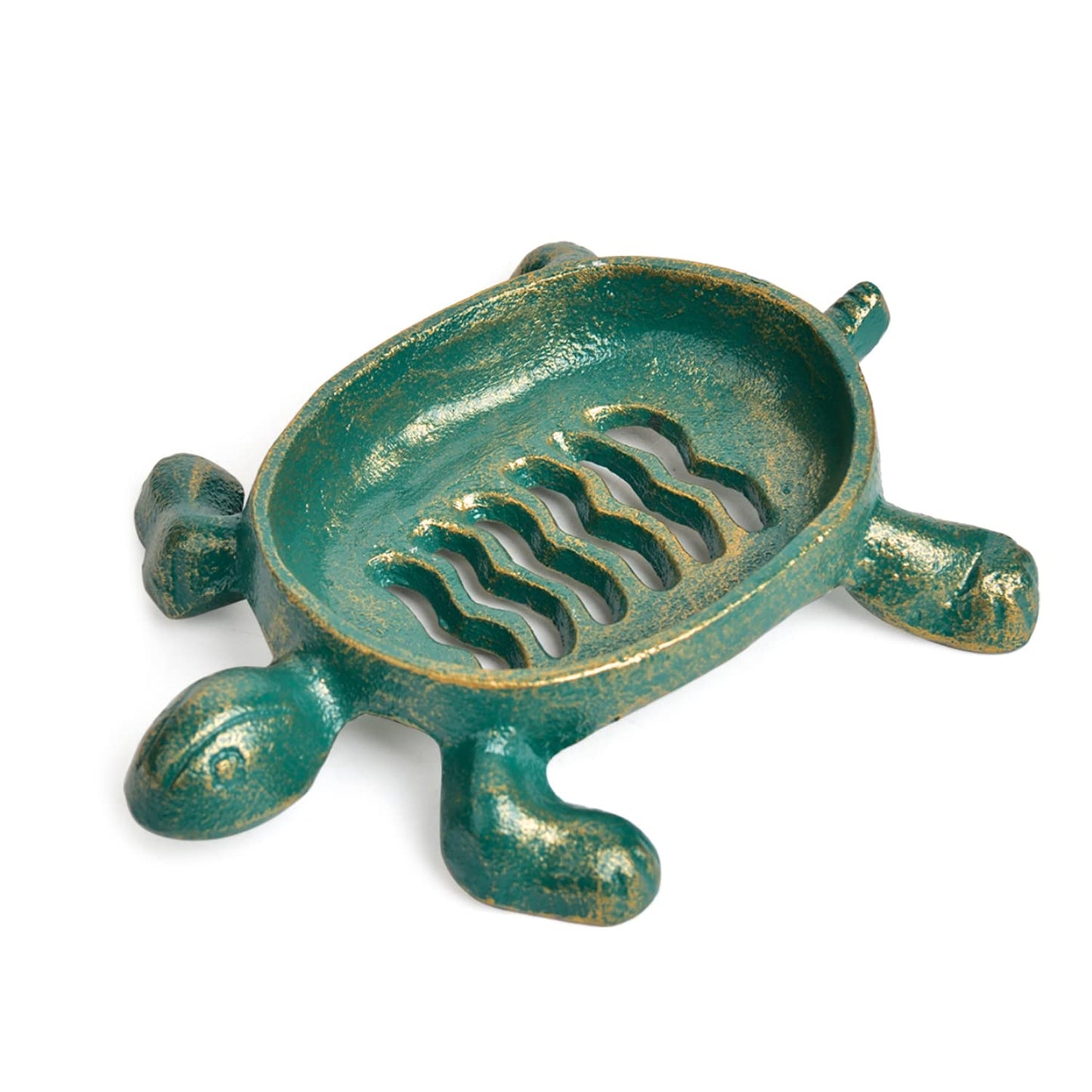Sungmor Heavy Duty Cast Iron Drainable Soap Holder - Lovely Tortoise Shaped & Antique Green & Gold Finish - Kitchen Bathroom Sink Soap Dish Tray - Practical & Decorative Tabletop Soap Box Container