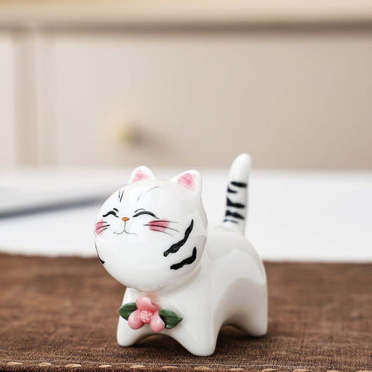 RiJinDuoJin Handmade Ceramic Cat Figurine, Cute Lucky Healing Cat Themed Decorative for Cat Lovers, Ideal for Desk, Bookshelf, Nightstand & Home Decor, for Mother’s Day, Easter, Birthday, Men & Women