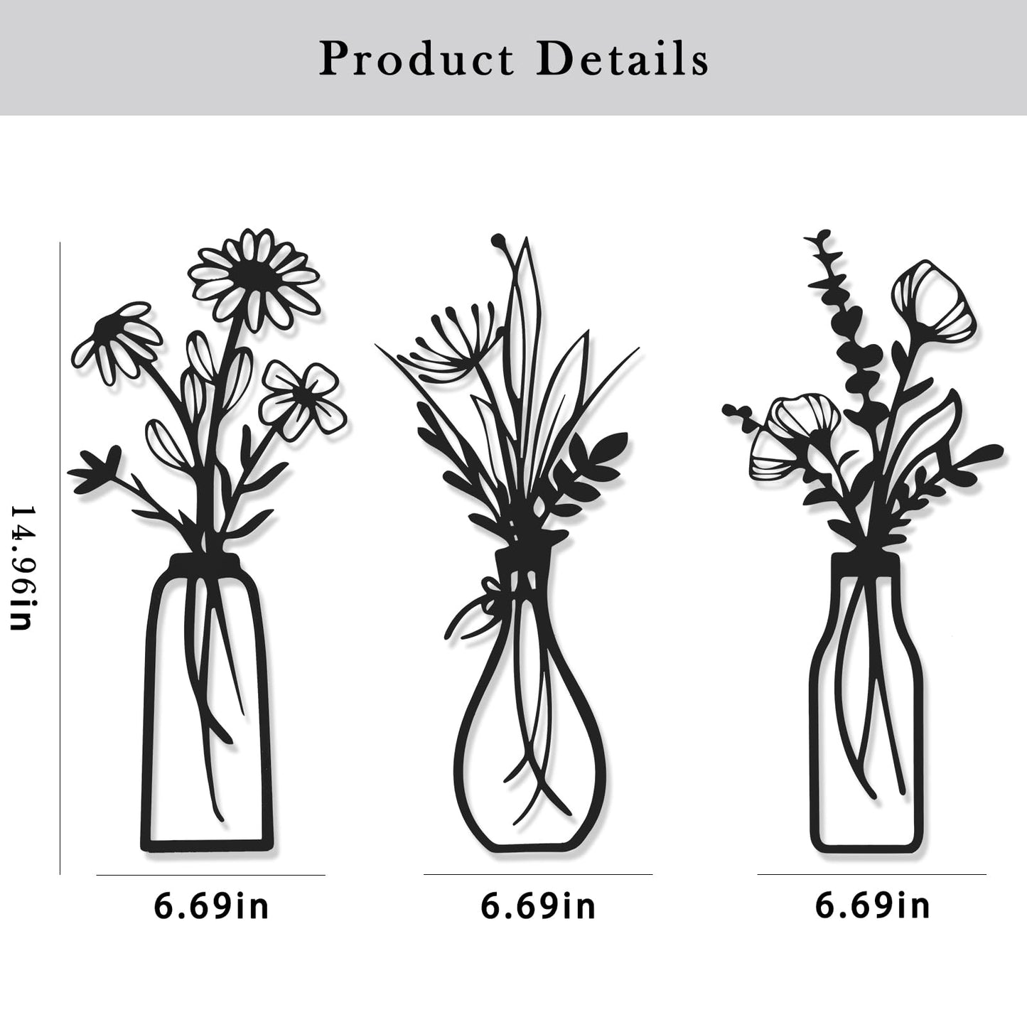 AMAATE 3Pcs Black Iron Floral Vase Wall Sculptures Minimalist Home Decor