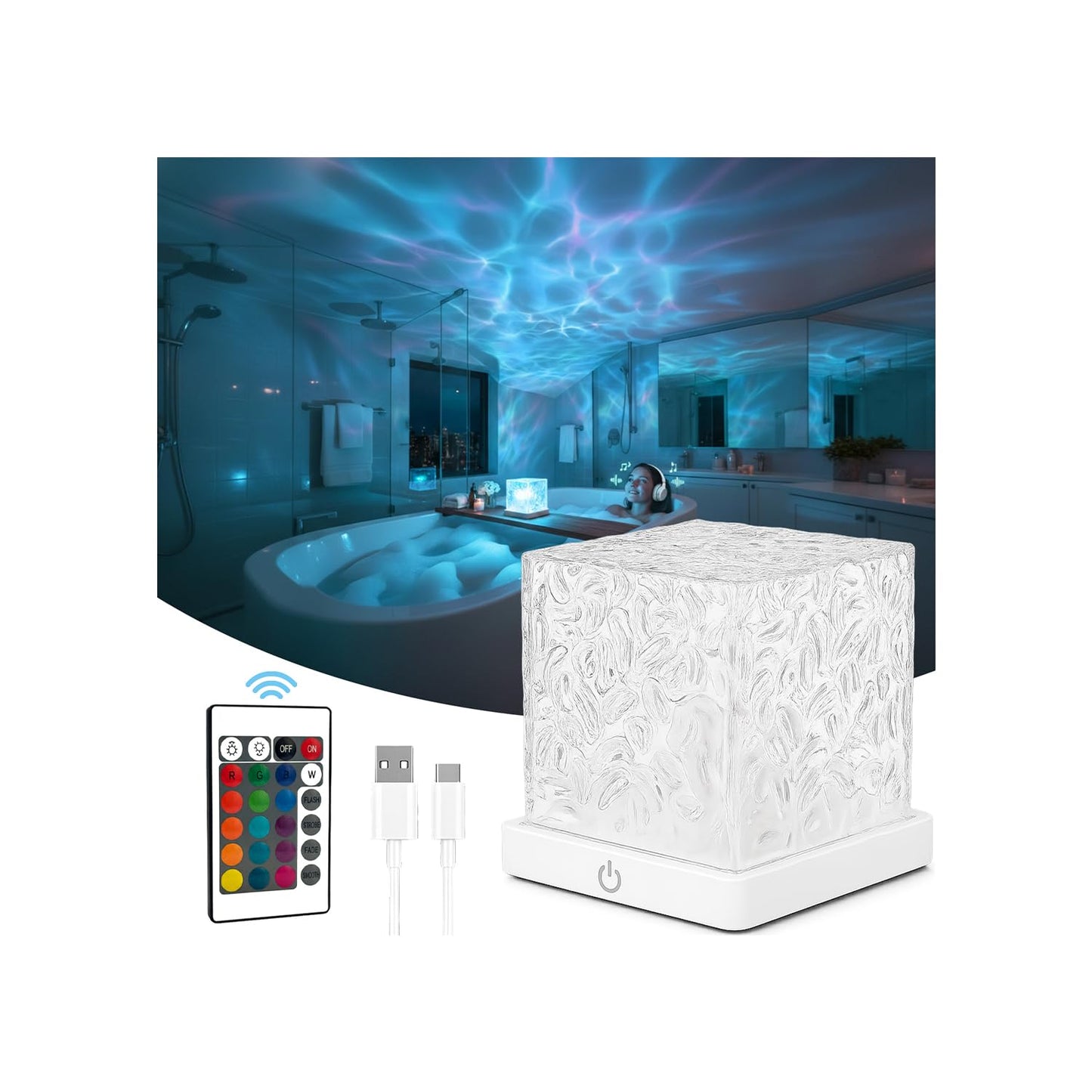 Rechargeable Shower Light No Wiring, 16 Color Changing Ocean Wave Lamp Projector, Waterproof Shower Mood Light Cube with Remote, Bathroom Mood Lighting, Bathtub Lights for Relaxing Spa, Bath, Bedroom