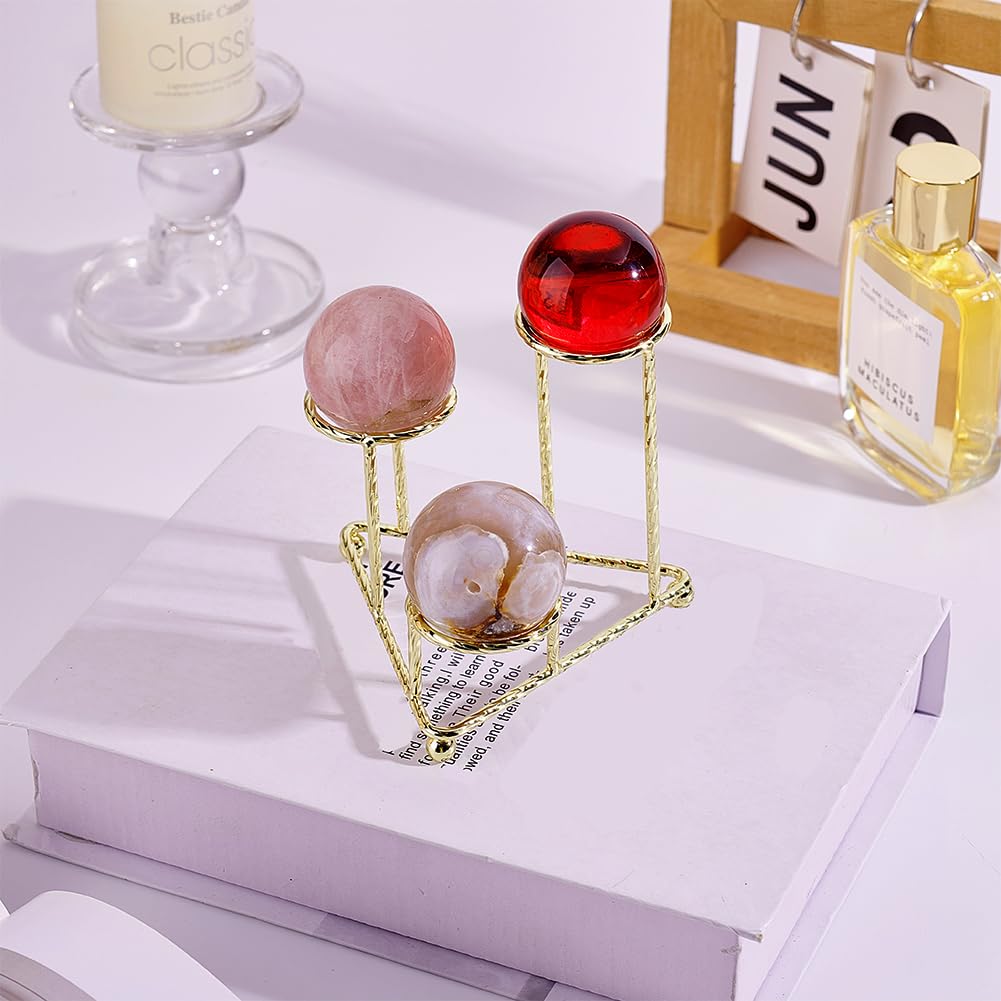 AHANDMAKER Metal Crystal Ball Stand Metal Sphere Display Stand 3 Eggs Display Stands Triangular Ball Base Desktop Ornament Rack for Home Office Desktop Decoration for 40mm Sphere, Golden